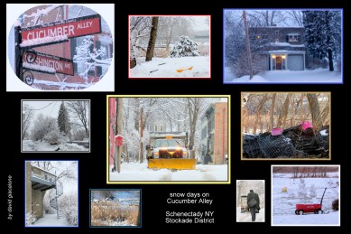 scenes on snowy days on Cucumber Alley in the Schenectady NY Stockade along the Mohawk River