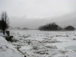 scene looking west into the fog from the Riverside Park esplanade along the Mohawk River – Schenectady Stockade – 11Mar2011 7&nbsp;AM