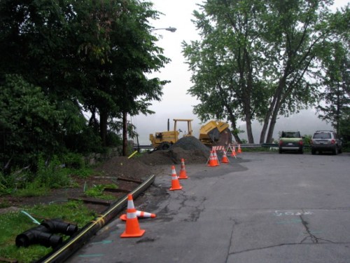 Orange Cones near a foggy river - 01July2009