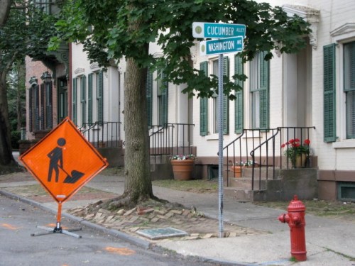 Orange Work Sign at the corner of Cucumber Alley - 26June2009