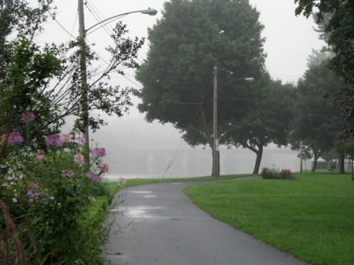 entering Riverside Park from Washington Ave. on a foggy morning along the Mohawk - 10Aug09