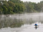 rowing scull and motor boat on the Mohawk River – misty morning along Riverside Park –&nbsp;21Sep09