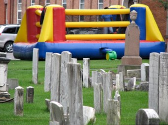 Bouncy-bounce with headstones, 1st Presbyterian Church parking lot, Schenectady Stockade - 12Sep09