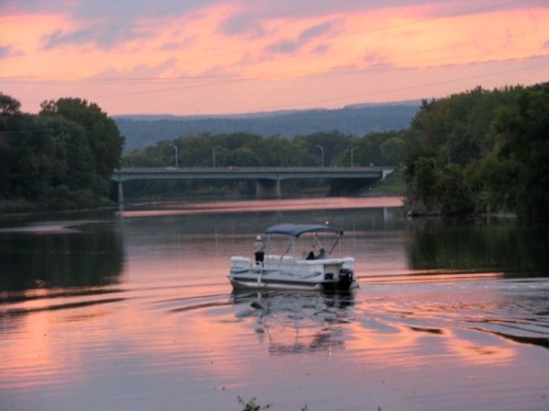 swingset sunset - flatbottom boat approaching Isle of the Cayugas, Mohawk River - 03Oct09