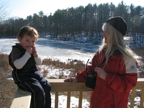 Devin stops for a snack at the overlook to the Five Rivers Beavaer Tree Trail pond - 16 Jan 2010