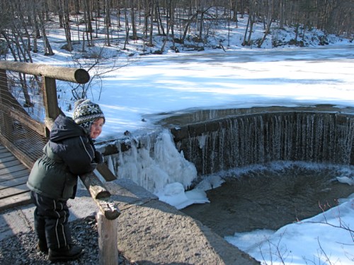 Devin inspects cascading water in the Beaver Tree Trail pond at Five Rivers Center - 16Jan10