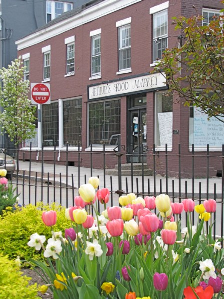 a view with tulips of Arthur's Market from Lawrence Circle in the Schenectady Stockade - 21Apr2010