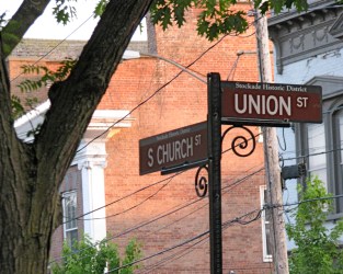 new Stockade Historic District street signs at Union St. and S. Church St. in Schenectady NY looking toward the southeast - 27May2010