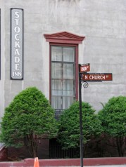Stockade Historic District street signs at Union and N. Church Sts looking west toward the Stockade Inn - 27May2010
