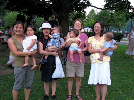 four moms with their babies at Xiwen's 1st birthday party in Riverside Park - Schenectady NY - 28July2010