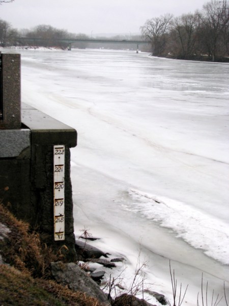 Riverside Park esplanade flood level marker along the Mohawk - Schenectady NY - 5 PM 6March2011