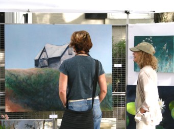 Sally Walker discusses one of her barn paintings - 60th Annual Stockade Villagers' Outdoor Art Show - 10Sep2011