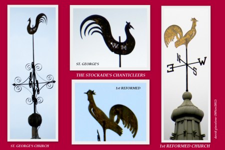 a collage of photos of the weathercocks atop the 1st Reformed Church and St. George's Episcopal Church in the Schenectady NY Stockade District - 30Nov2012