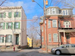 entry of Cucumber Alley at Washington Ave. in the Schenectady NY Stockade looking west toward the Mohawk River 11Mar2013