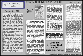 a collage showing excerpts from Tales of Old Dorp columns by Larry Hart in the Schenectady Gazette about Cucumber Alley