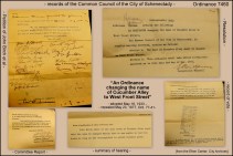 collage of documents relating to Ordinance 7460 of the Common Council of the City of Schenectaady changing the name Cucumber Alley to West Front Street - 1933