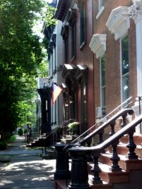 view west from N. Ferry St. up Union Street in the Schenectady NY Stockade - 5 PM 19Jun2013 KBJflag6