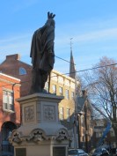 Lawrence the Indian had a great view of the installation of the new weathercock on St. George's steeple - Schenectady NY Stockade - 20Nov2013 IMG_2926