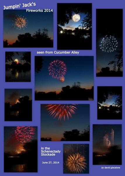 collage of fireworks photos of the Jumpin' Jack's fireworks seen from Cucumer Alley - 27Jun2014