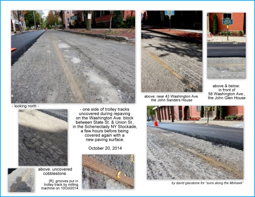 collage showing uncovered trolley track on the south end of Washington Ave. in the Schenectady Stockdade on 10Oct2014